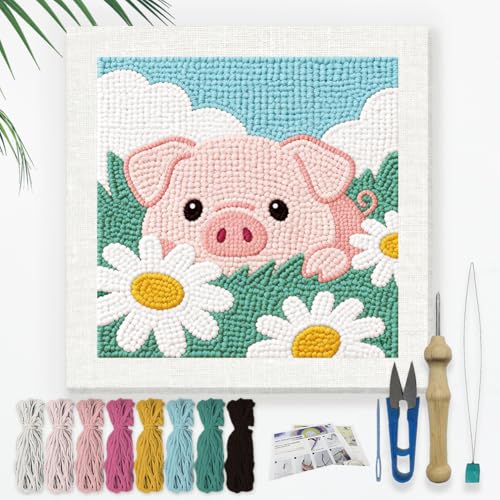 DOODLREAM Flowers Pig Punch Needle Kit for Beginner 9.4"x 9.4" - color: Pig