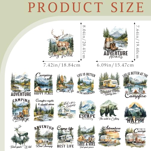 Dazoratix Camping Iron on Transfers - 20 Sheets Adventure DTF Ready to Press for T Shirts Mountain Wild Outdoor Heat Patches Stickers Vinyl Decals for Clothes Appliques Bag Hat Decorations DIY Crafts - style: Camping