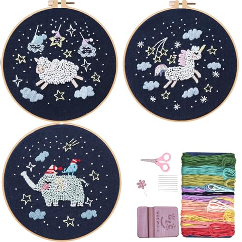 WHEWGLC Embroidery Kit for Beginners, 3 Set Embroidery Starter Kit Cute Animal Patterns, Instruction & Video with Wooden Hoops Needles Threads DIY Hand Sewing Gift for Adults and Teens - size: 6.3 In 3PCS