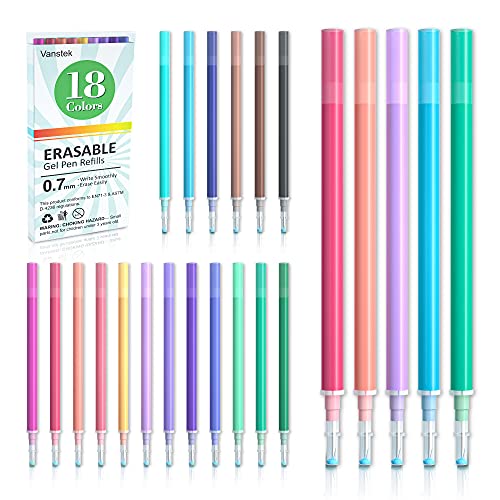Vanstek 18 Assorted Colors Erasable Pen Refills, Gel Ink Refills Compatible with Erasable Pens, Fine Point 0.7 mm, Perfect for Writing Planner & Crossword Puzzles - color: 18 Colors Refills