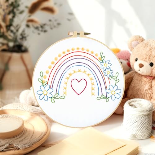 BEUNITONE 6Pcs Easy Embroidery Kit for Adults Beginners, Simple Cross Stitch Starter Set for Beginners, Cute Animal Rainbow Butterfly DIY Craft Activity for Home Decor and Festival Gifts 20x20cm - style: Stick Figure