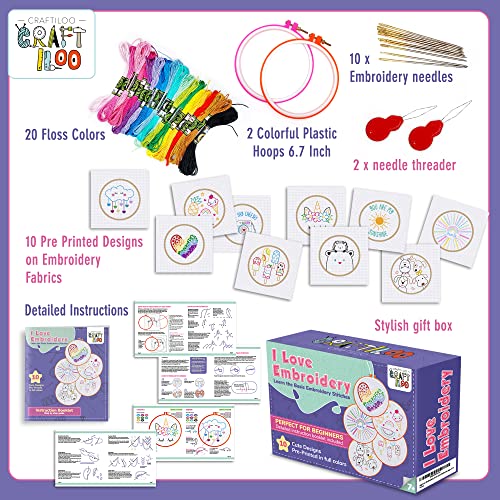 Embroidery Kit for Kids Ages 7-13 - 10 Pre-Stamped Beginner Patterns - color: 10 Embroidery kit