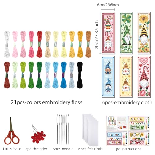 FREEBLOSS 6 Set Cross Stitch Bookmark Kit 8x2.4''11CT St. Patrick Gnome - style: Gnomes