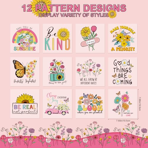 Inspirational Iron on Transfer - 12Pcs Positive Quotes DTF Transfers Ready to Press, Floral Butterfly Iron on Decals Patches, Heat Transfer Vinyl Stickers for T-Shirt Bag Pillow DIY Craft