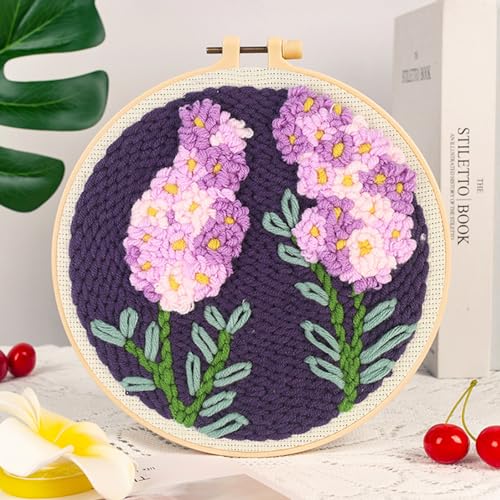 Woohome Punch Needle Kit Included Plastic Hoops, Punch Needle Cloth, Color Yarn and Punch Needle Tools for Adults, Beginners (White and Purple Flowers) - color: Color 18