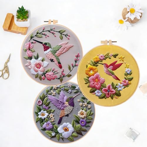 LB 3 Pack Hummingbird Flower Embroidery Kit for Beginners Funny Simple Beginner Embroidery Kit for Adults DIY Starter Kit with Embroidery Hoop Colorful Threads Tools Step by Step Instructions - color: Pink