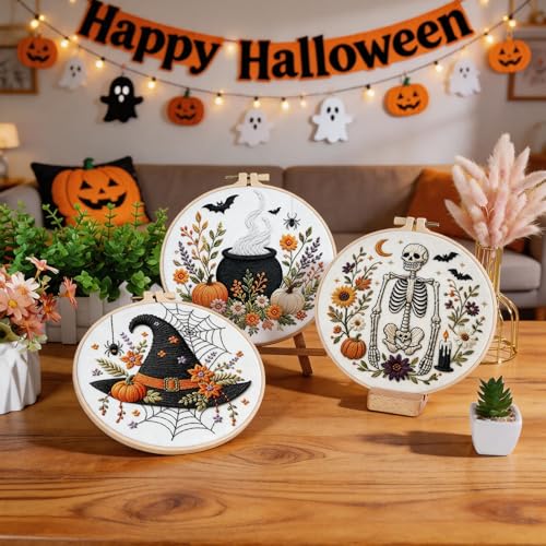 Halloween Embroidery Kit, Skeleton Cross Stitch Kits, 4 Set Craft Kits for Beginners with Pre-Printed Embroidery Fabric, Hoops, Step-by-Step Instructions, Color Threads & Needles (Halloween-4 Set) - color: Halloween-4 Set