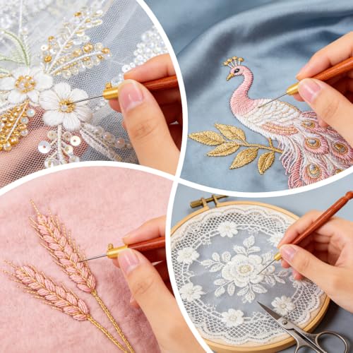 GBSCLOVER Tambour Hook with 3 Needles, Stainless Steel Tambour Embroidery Needle, Wooden Handle Embroidery Beading Crochet Set for Sewing, Crafting, Beading, Diamond Embroideries