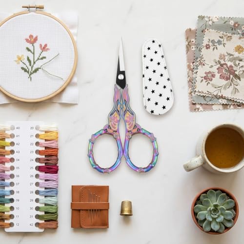 Embroidery Scissors with Cover – Rainbow Vintage Small Crochet Scissors, Sharp Floral Craft Scissors for Yarn Thread Sewing Needlework, Cute Rose Design Gift for Crocheter Quilter, 4.6 Inch - color: Riainbow