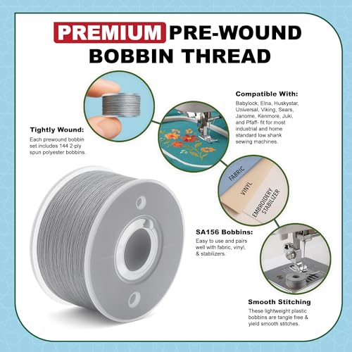Mandala Crafts Gray 15J SA156 Prefilled Bobbin Thread, 144 PCs - color: Gray, size: Size A 144 X 142 Yards