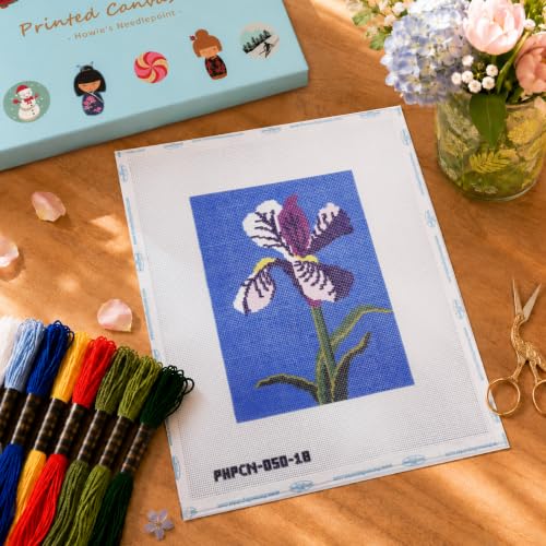 Howie's Needlepoint Flower Needlepoint Kits for Adults & Beginners, 18 Mesh Printed Needlepoint Canvas, Stamped Patterns Canvas Starter Kits(Iris,7"x 5") - color: Iris