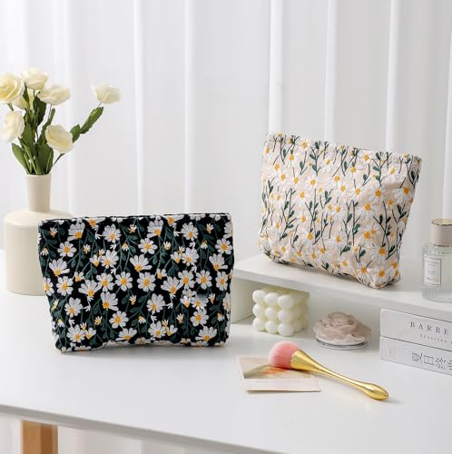 getgto 2 Pcs Makeup Bags, Large Cosmetic Bag Travel Toiletry Bag - color: Black Green Daisy