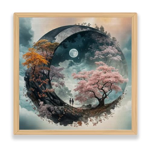 ZuoAnLF Moon Tree Cross Stitch Kits for Adults,14CT Stamped Cross Stitch Kits for Beginner,DIY Needlepoint Embroidery Patterns Kits Embroidery Patterns for Gift Home Wall Decor 16x16 Inch