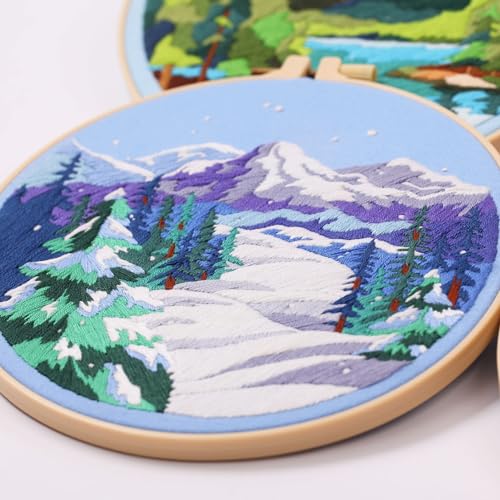 Harimau Adult Beginner Embroidery Starter Kit, Complete Set with 4 Patterns, 2 Hoops, Needles, Scissors, Instruction Guide & Stitching Video Tutorials - color: Mountain