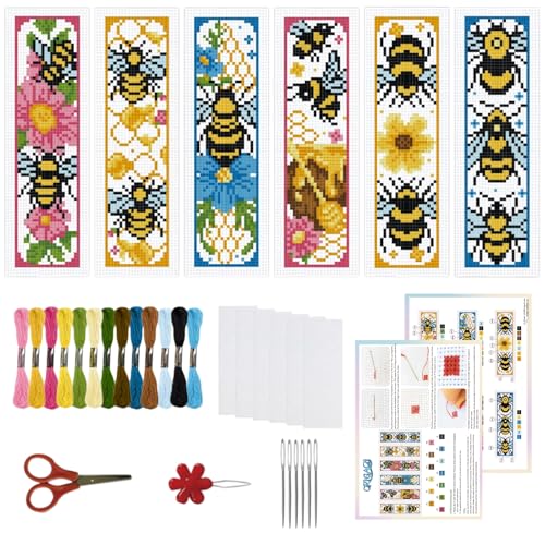 ORIGACH 6 Set Bees Cross Stitch Bookmark Kit for Beginner - style: Bees