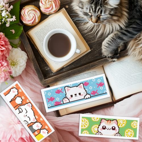 INFUNLY 6pcs Cartoon Cat DIY Cross Stitch Bookmark Kits for Beginner 8.66"×3.15" Cute Kitten Stamped Embroidery Kit with Instruction Pussycat Printed Bookmark Kits for Cat Lovers Book Readers Writers - style: 6pcs Cartoon Cat