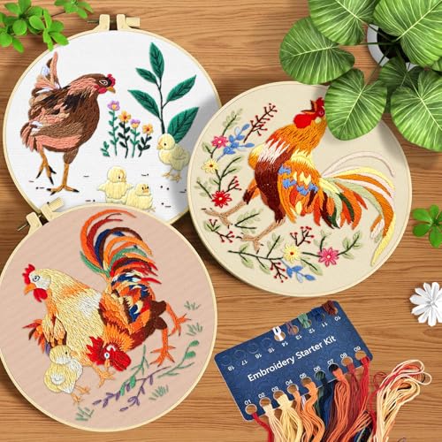 ERKOON 3 Sets Embroidery Kit, Floral Cross Stitch Set for Include Embroidery Cloth Hoops Threads for Craft Lover Hand Stitch (Rooster) - color: Rooster