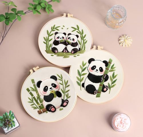Konrisa Panda Embroidery Starter Kit for Beginners, Cross Stitch Kit with 3pcs Embroidery Pattern, DIY Sewing Project Adult Needlepoint Kit with Hoop, Set of 3 - color: panda