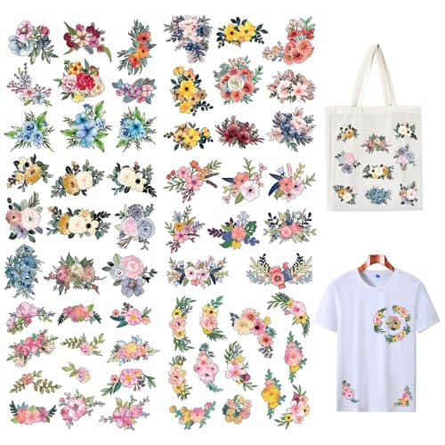 59PCS Flower Iron on Transfers, Soft Heat Transfer Vinyl Decals Patches, Thermal Transfer Vinyl Stickers for Women, Iron on Appliques for Clothes T-Shirt Hoodies Jeans Pillow Bags DIY Art Decoration
