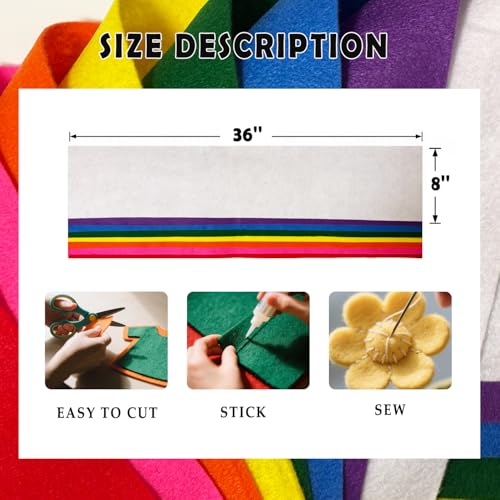 Rainbow 8 Assorted Soft Felt Sheets Fabric, Each 8'' x 36'' 1.6mm Thick - color: Rainbow Series