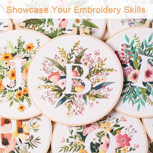 Harimau Letter B Pattern Embroidery Kit for Adult Beginners, Complete Starter Pack with 1 Hoop, Needles, Instruction Guide & Embroidery Stitch Video Tutorials - color: White B