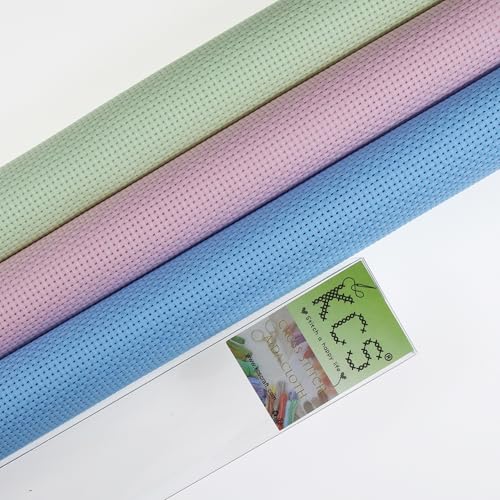 KCS 3 pc of 15" x 18"(38cmx45cm) Counted Cross Stitch Cotton Aida Cloth Needlework Rolled Fabric Box,11CT,Light Blue+Pink+Light Green - color: Light Blue+pink+light Green, size: 11CT