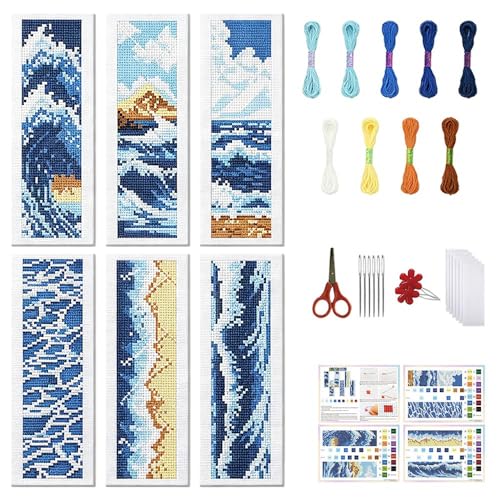 FREEBLOSS 6 Set Cross Stitch Bookmark Kit Cross Stitch Kit Sea Wave Stamped Embroidery Bookmark with Instruction Landscape Cross Stitch Kits for Adults DIY Bookmark Kit 8.66''x3.15'' - style: Waves