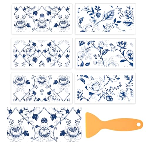 6 Sheets Vines, Roses, Peonies Rub On Transfers for Crafts and Furniture, DIY Craft Vinyl Waterproof Transfers Stickers for Wood Furniture, Door, Windows, Gifts and Home Decor 6x12” - style: Retro Blue Pattern