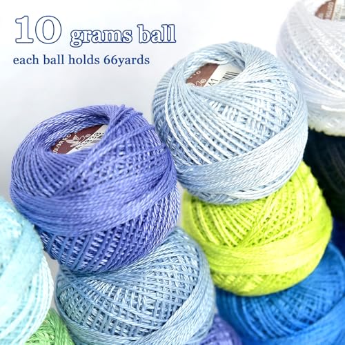 Double Mercerized Egyptian Long Staple Cotton Pearl Thread Ball 10 Grams Rainbow Color Embroidery Thread 12 Colors per Box for Crochet Hardanger Cross Stitch Hand Embroidery,Bluegreen Series - color: bluegreen series