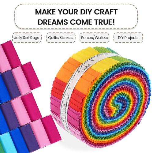 Craftido-20 Options-100% Cotton Jelly Roll Fabric Precut Strips for Quilting, Crafting, and Sewing, 40 Strips 2.5" x44" Assorted Bundles for Rug, Quilt Project, DIY Craft and Home Decor-RAINBOW COLORS - color: Rainbow Colors