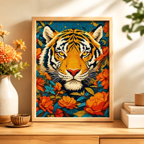 Zhenqing Tiger Stamped Cross Stitch Kit for Beginners, 11CT Printed Full Coverage Tiger Face with Orange Flowers Pattern, 28 x 38 cm Wildlife Animal Embroidery Needlework Set, No Hoop Needed - color: Tiger in Bloom