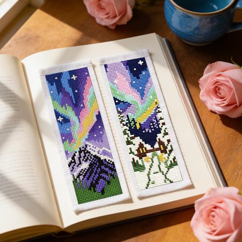 ACRNIGHEET 6PCS Cross Stitch Bookmark Kits for Beginners Colorful Aurora - style: Landscape Patterns 6