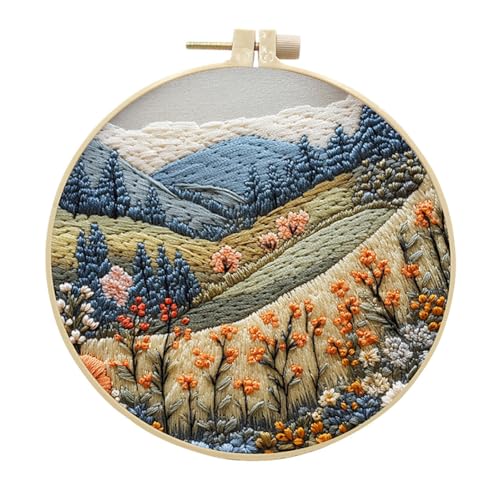 EUBUY Embroidery Kit for Beginners, Nature Landscape Pre-Stamped Pattern Kits for Adults with Hoop, Needle Thread DIY Mountain Scenery Material Kit - color: Type 16