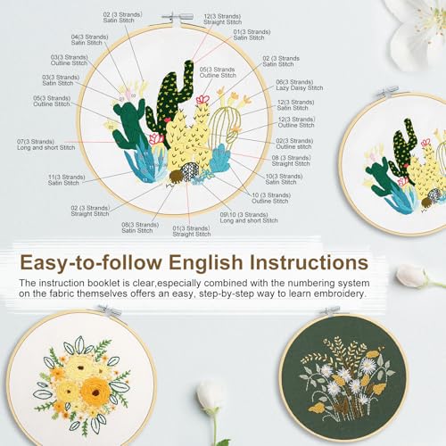 KintKita 3 Sets Floral Embroidery Kit for Adults,Easy DIY Embroidery Kits for Beginners Stamped Cross Stitch Practice Kit, Includes Stamped Flower Pattern, Hoop, Color Threads,Tools - color: Floral Kit