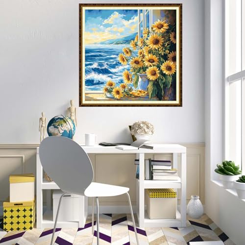 Redxing Counted Cross Stitch Kit for Beginners,Unprinted Needlepoint Kits for Beginners Cross Stitching Embroidery Kit 11CT Stitches kit-Sunflowers on Seaside windowsill 18x18 inch - color: KitColors42