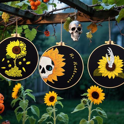 Halloween Gothic Embroidery Kits for Beginners Adults, Skull Hand Embroidery Needlepoint Kits, Sunflower Stamped Cross Stitch Kits for Beginners Adult, 3 Set Embroidery Hoops (Attached Video Tutorial) - color: Sunflower