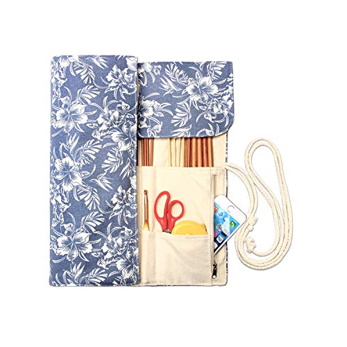 Teamoy Knitting Needle Case Organizer Holder Roll(up to 14"), Blue Flowers - color: Blue Flowers, size: 14 inches