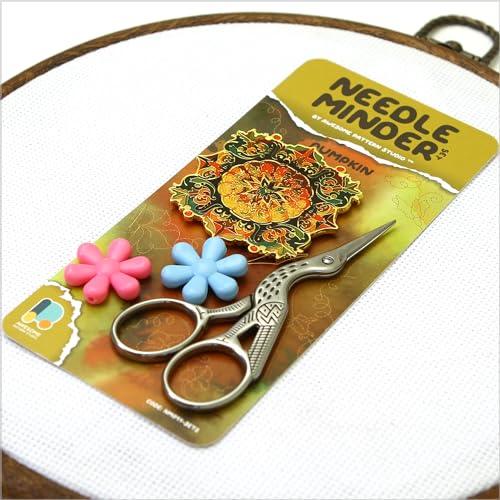 Awesome Pattern Studio Needle Minder Set - Pumpkin Magnetic Needle Minder + 2 Needle Threaders + Crane Scissors. Enamel Pin for Cross Stitch, Embroidery and Craft - size: Pumpkin Set #2