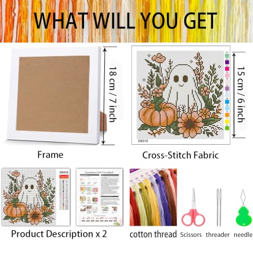 Ghost Flower Stamped Cross Stitch Kits for Adults Beginners with Frame - color: Ghost Pumpkin Cross Stitch with Frame