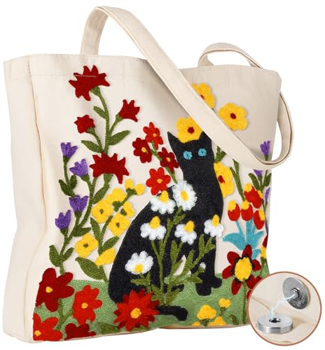 Miss Adola Lightweight Embroidery Canvas Tote Bag - color: Flower Cats