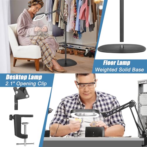 IVMAIE 12X Magnifying Glass with Light and Stand, Real Glass Lens, 5 Color Modes LED Dimmable Lighted, 3-in-1 Floor Lamp with Clamp, Hands Free Magnifier for Reading, Craft Painting Close Work, Black - color: Black