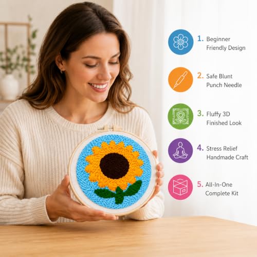 Sunflower Punch Needle Kit for Beginners Adults, with Embroidery Hoop - color: Punch Needle kit-Sunflower