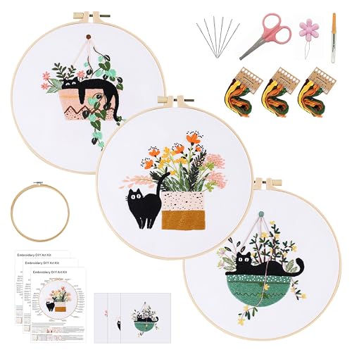 KEKEMEOW 3 Sets Embroidery Kit for Beginners, Stitches with Black Cat and Flowers, Embroidery Stitch Practice kit for Adults Craft Lover, Needlepoint Hand Embroidery Kit with Pattern、Instruction、Hoop - color: Cat&Flower