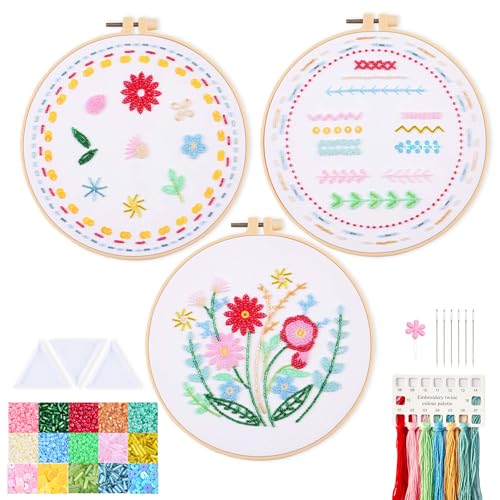 Harimau Bead Embroidery Starter Kit for Beginners (3 Sets) – Basic Flower Stitches, Includes Embroidery Hoop, Diagrams & Step-by-Step Video Tutorials – Gift for Craft Lovers - color: Red