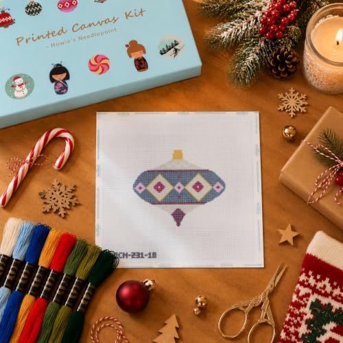 Howie's Needlepoint Bauble Needlepoint Kits for Adults & Beginners, 18 Mesh Printed Needlepoint Canvas, Stamped Patterns Canvas Starter Kits(Festive Baubles 5,4.5"x 4") - color: Festive Baubles 5
