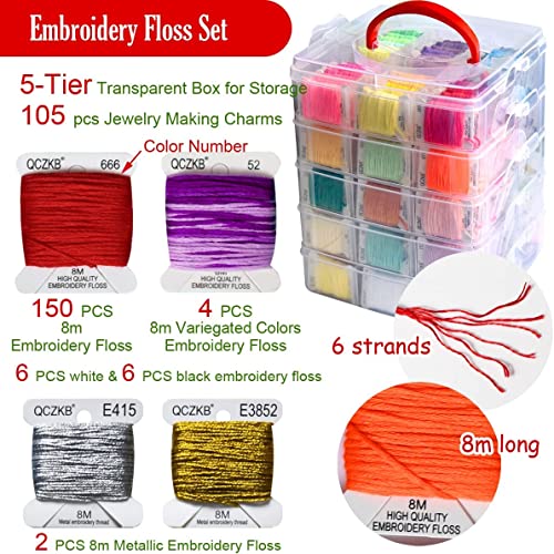 301 Embroidery Floss Set Including Cross Stitch Threads Friendship Bracelet String with 5-Tier Transparent Box, Floss Bobbins and Cross Stitch Kits - size: 5-Tier box