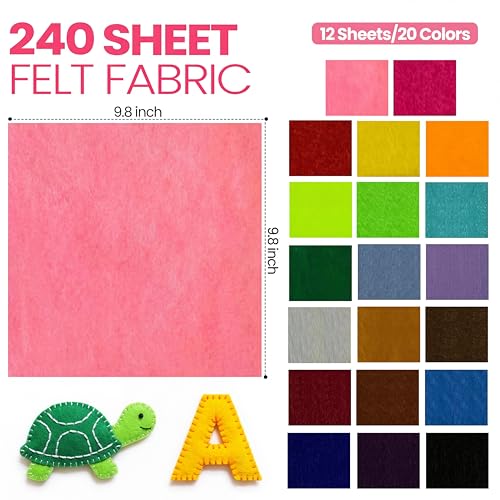 Moukeren 240 Pcs 9.8 X 9.8 Inch Felt Sheets, 20 Colors - color: Rainbow, size: 9.8 x 9.8 Inch