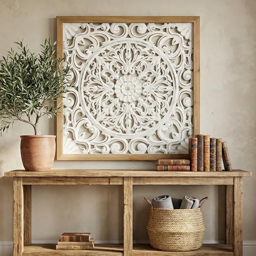 XIAOAIKA Boho Carved Wood Wall Art Panel, Floral Mandala, Distressed White - color: White - 4