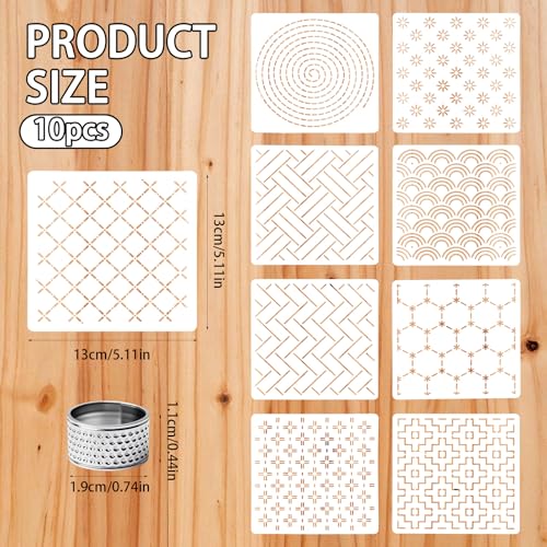10 Pcs 5.1 Inch Plastic Sashiko Stencil Kit - Geometric Sashiko Pattern Template Drawing Line Quilting Stencil with Sewing Thimble Finger Protector, Embroidery Pattern Stabilizer for Hand Quilting