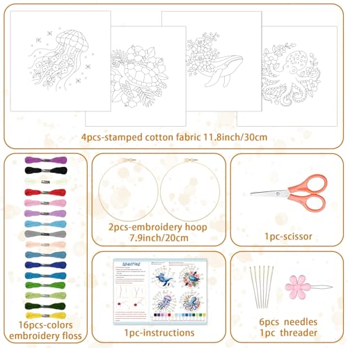 BEUNITONE 4 Pack Beginner Embroidery Kit for Adults, Marine Animals Flowers Pre-Stamped Pattern Needlepoint Kits with Hoops & Instruction, Handmade Embroidery Kits for Fabric and Home Decor 7.9x7.9 - style: A-Marine Animals